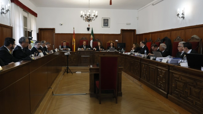 Tribunal y partes en el juicio en la Audiencia de Badajoz. / Pool-Efe Tribunal y partes en el juicio en la Audiencia de Badajoz. / Pool-Efe