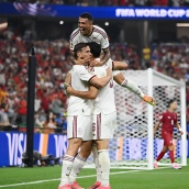 El extremeño Pedro Porro celebra el gol de Merino en el partido contra Portugal. / CEDIDA