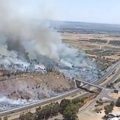 El incendio declarado este sábado en un camión que circulaba por la autovía A-66 ha provocado un fuego forestal. / PLAN INFOEX