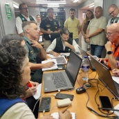 Centro de Coordinación Operativa (CECOP), presidida por el vicepresidente de la Junta de Extremadura, Abel Bautista, este domingo. / LP