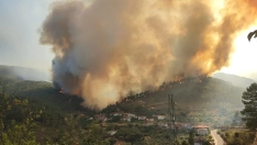 El incendio de Pinofranqueado llega a las puertas de Cerezal, alquería del municipio de Nuñomoral. / ABRIF