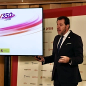 El ministro Óscar Puente en la presentación del proyecto AV350 este lunes en Madrid. / LP El ministro Óscar Puente en la presentación del proyecto AV350 este lunes en Madrid. / LP