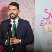 El secretario regional del PSOE, Álvaro Sánchez Cotrina, ayer en le Teatro Romano de Mérida. / EP 