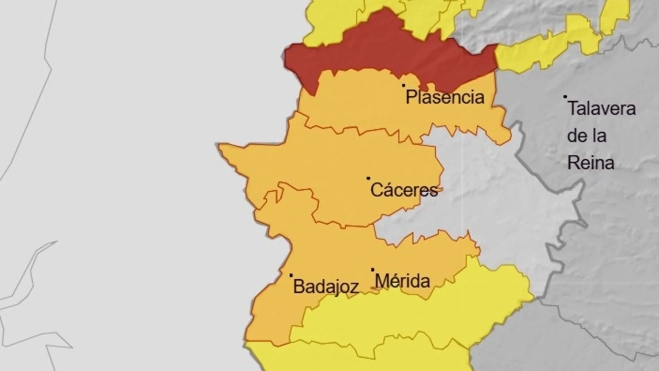 La Aemet ha ampliado a rojo el aviso por lluvias en el norte de Cáceres. / AEMET La Aemet ha ampliado a rojo el aviso por lluvias en el norte de Cáceres. / AEMET