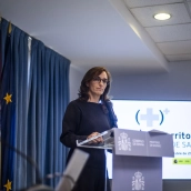 La ministra de Sanidad, Mónica García, en la rueda de prensa  tras la reunión del Consejo Interterritorial del Sistema Nacional de Salud (CISNS).