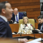 Óscar Fernández, portavoz de Vox, se dirige a sus señorías con María Guardiola de fondo. / Asambleaex Óscar Fernández, portavoz de Vox, se dirige a sus señorías con María Guardiola de fondo. / Asambleaex