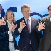 María Guardiola junto a Alberto Núñez Feijóo, Jorge Azcón y Alfonso Fernández Mañueco este lunes en Madrid. / LP María Guardiola junto a Alberto Núñez Feijóo, Jorge Azcón y Alfonso Fernández Mañueco este lunes en Madrid. / LP