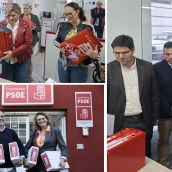 Presentación de avales de los tres candidatos este martes en la sede regional del PSOE. / LP