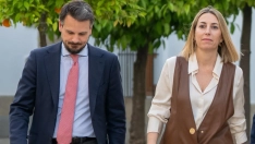 María Guardiola, presidenta del PP, y Abel Bautista, secretario general, este jueves en Mérida. / LP