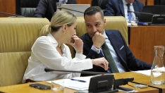 La presidenta María Guardiola y el vicepresidente Óscar Fernández conversan en los sillones del Gobierno de la Asamblea de Extremadura este jueves. / LP